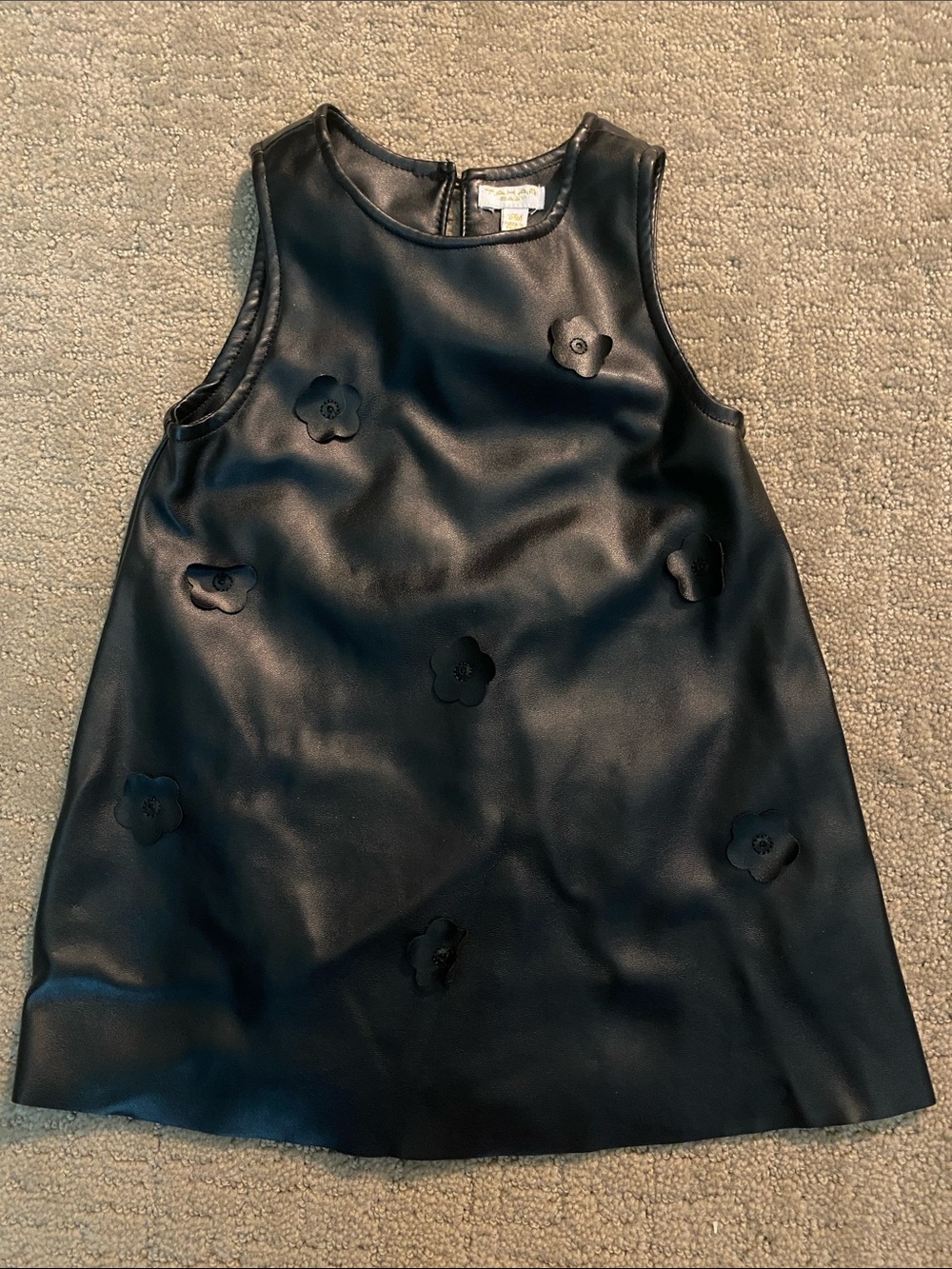 Tahari Black Faux Leather Flower Appliqué A-Line Dress